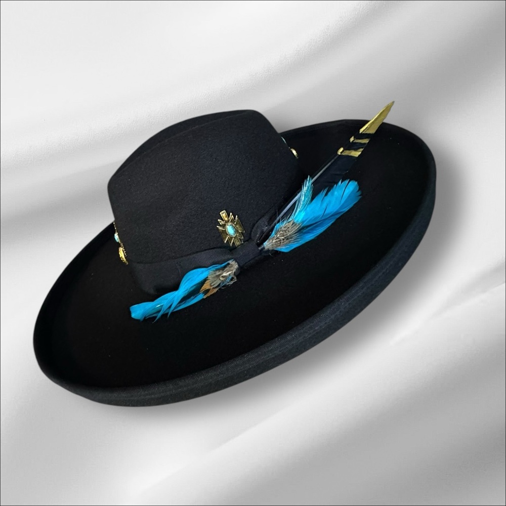 Custom made Black fedora with Blue Feather Accents and gold embellishments